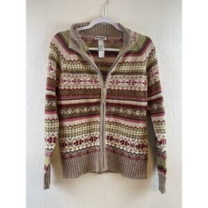 Tiara International Women's M Fair Isle Brown Ribbed Knit Full Zip Cardgian